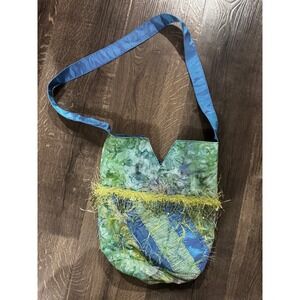 Patchwork shoulder bag green and blue fabric homemade